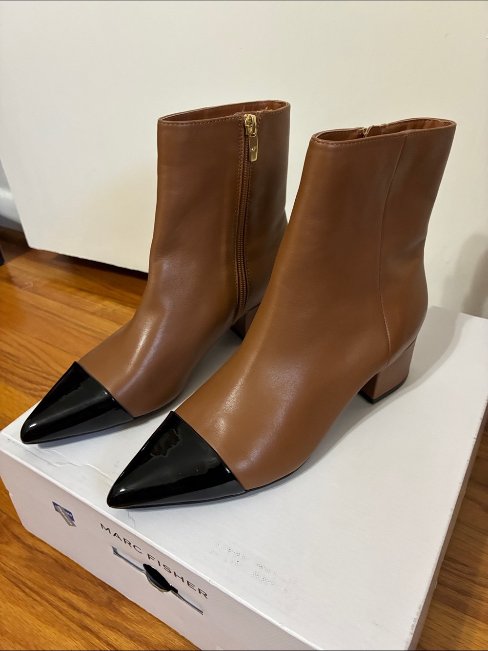 Marc Fisher Brown Leather Ankle Boots with Black Patent Pointed Toe